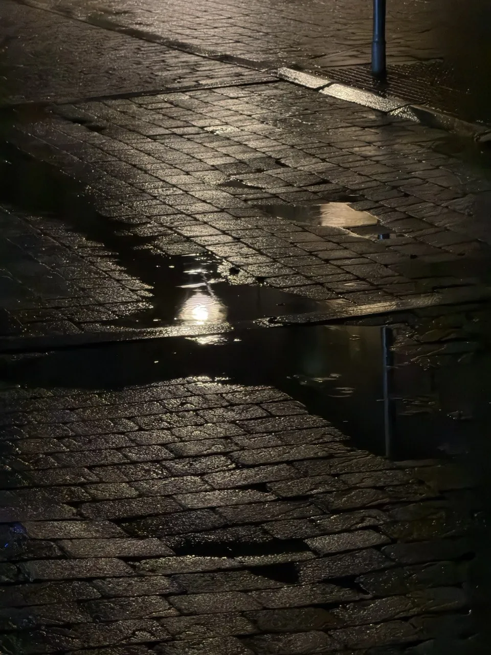 Calle empedrada mojada por la lluvia de noche